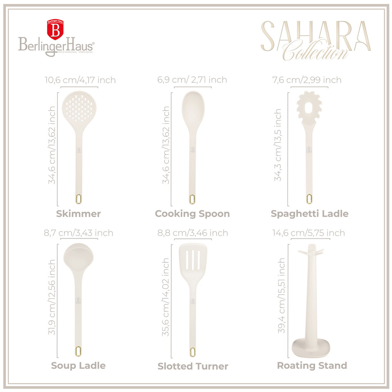 Set 5 ustensile de bucatarie cu suport, Berlinger Haus, Sahara, nailon/plastic, crem mat - imagine 8