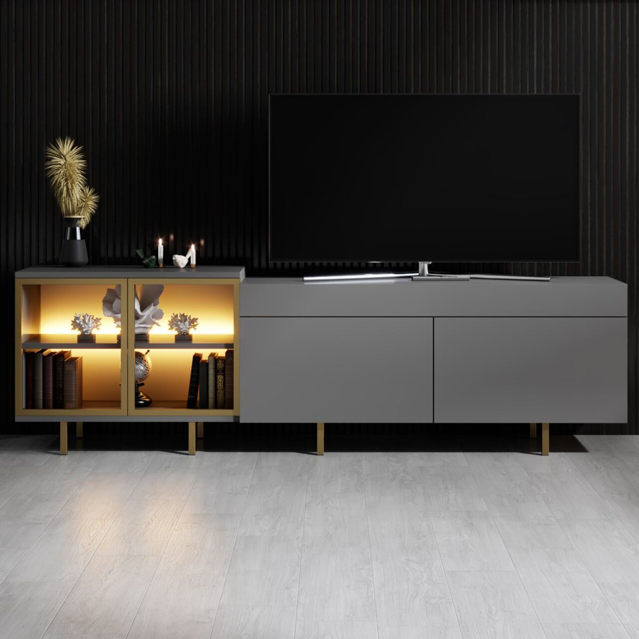 Comoda TV, Hanah Home, Vienna, 190x57x37 cm, Antracit / Aur - view 2