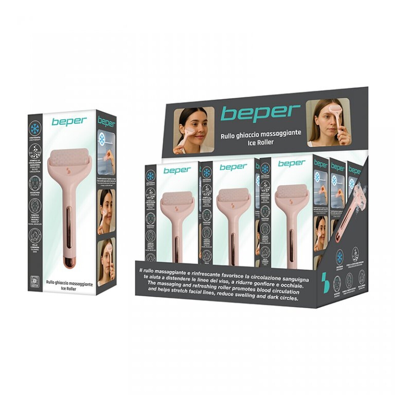 Aparat pentru masaj facial cu gheata Ice Roller, Beper, roz