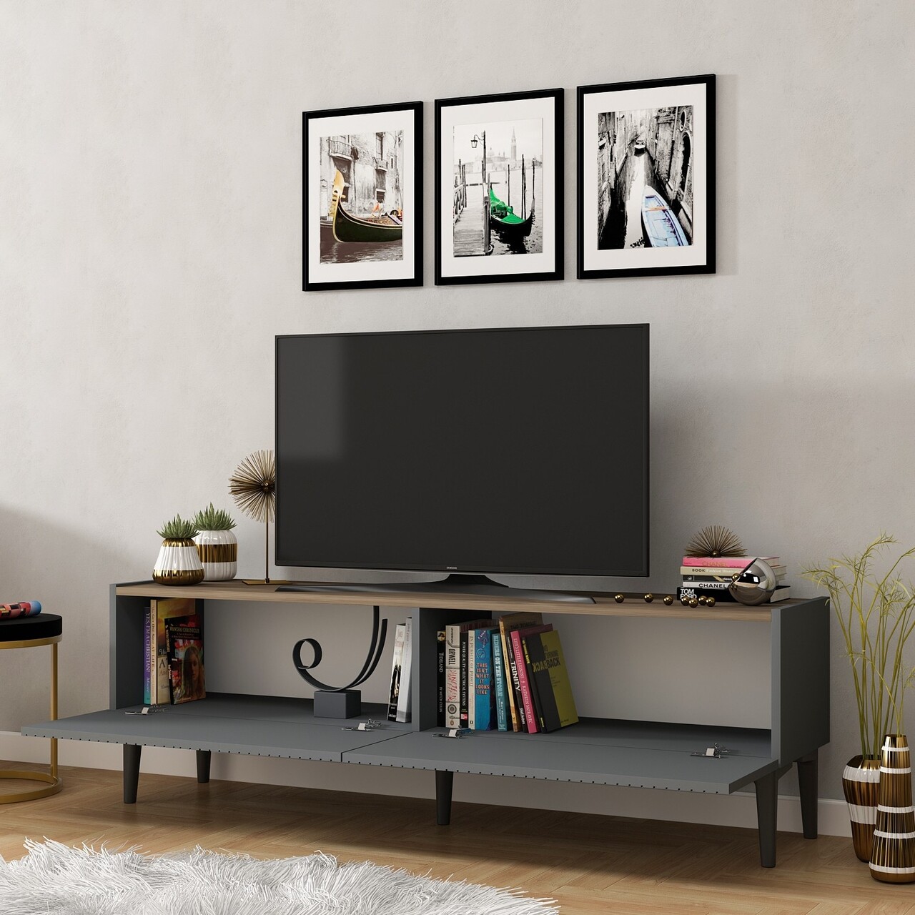 Comoda TV, Olivia, Draw, 154 X 45 X 37 Cm, Pal Melaminat, Antracit/nuc