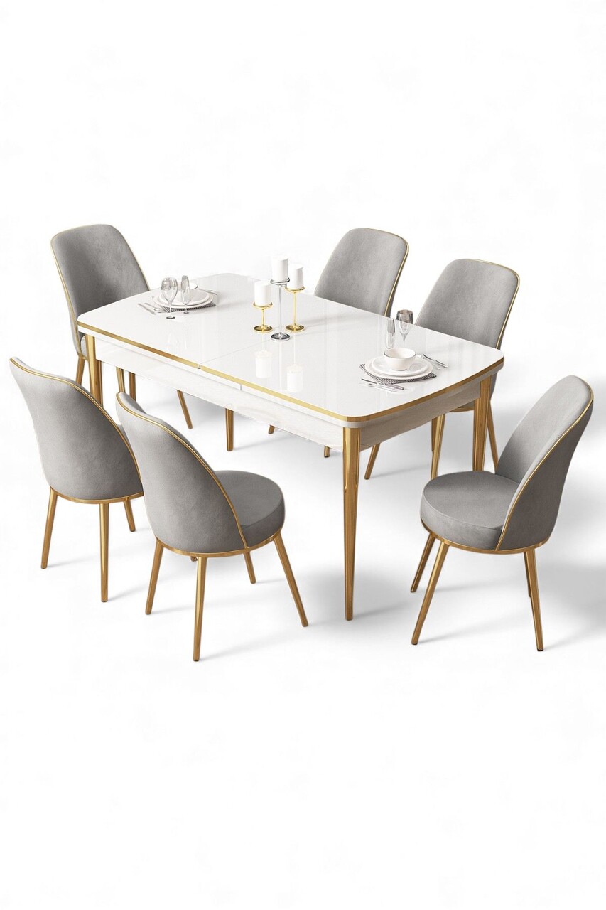 Set masa extensibila si scaune, Hanah Home, Nira, Alb / Auriu / Gri - view 2