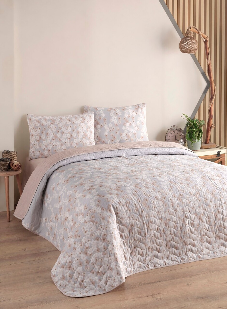 Cuvertura matlasata dubla, Piti Yaprak - Rose, EnLora Home, 65% bumbac/35% poliester
