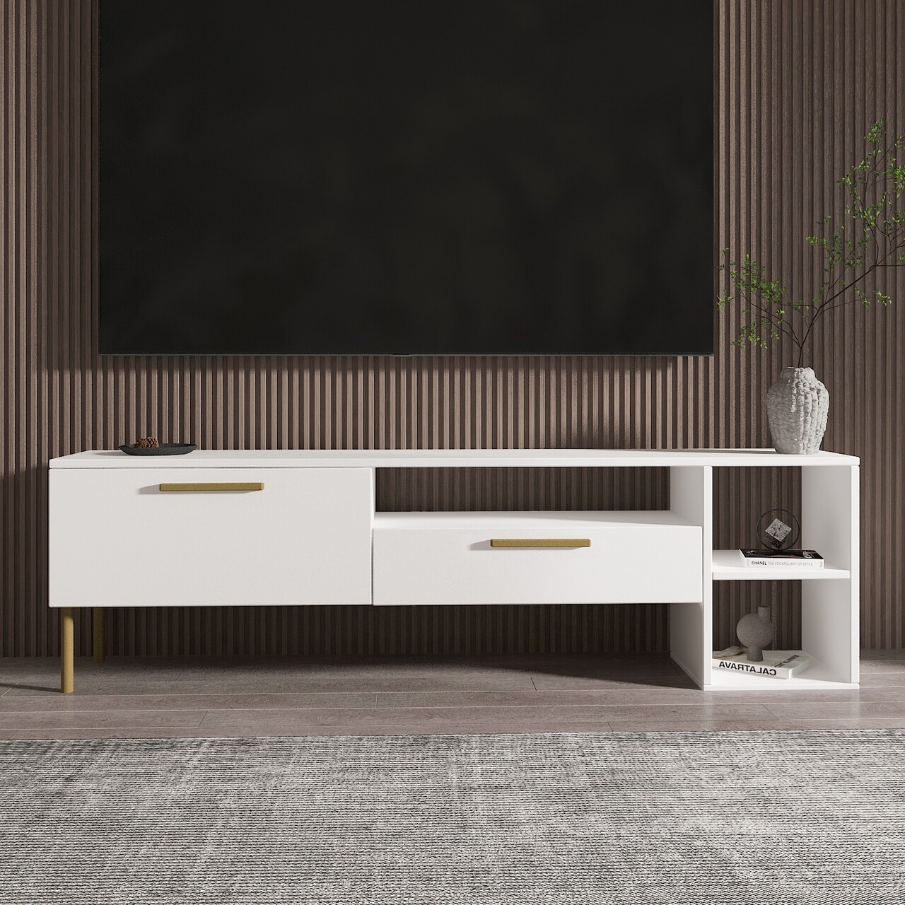 Comoda TV, Inarch, Parion, 150x47x35 cm, PAL, Alb/Auriu - 2 | YEO