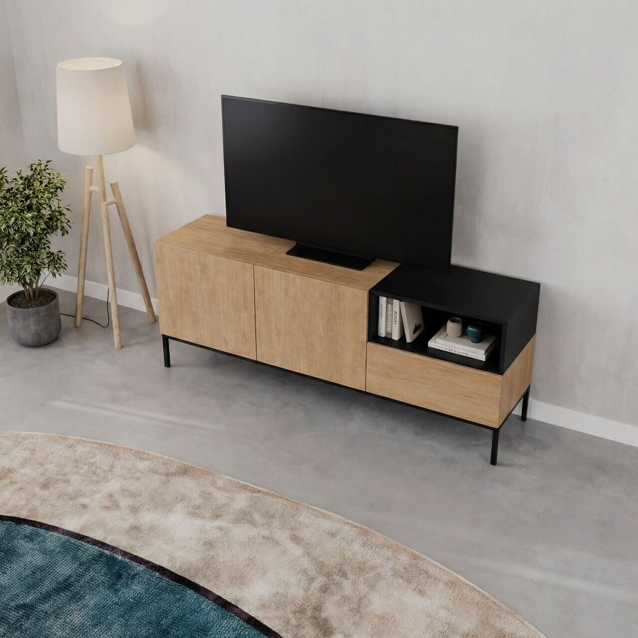 Comoda TV, Hanah Home, Cailin 140, 140x55x41.8 cm, PAL, Stejar Sepet / Lemn Negru / Negru — imaginea 2