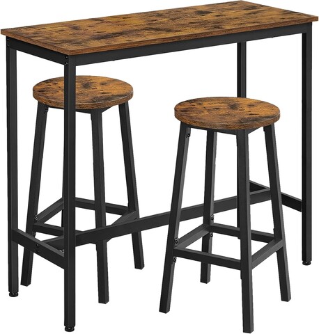 Set masa de bar si 2 scaune, Vasagle, 100x40x90 cm / 32x32x65 cm, PAL/otel, maro rustic