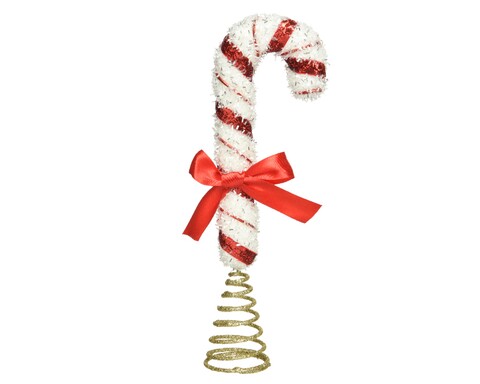 Varf decorativ pentru brad Candy cane w bow, Decoris, 4.5×7.5×25 cm, spuma, rosu/alb/auriu
