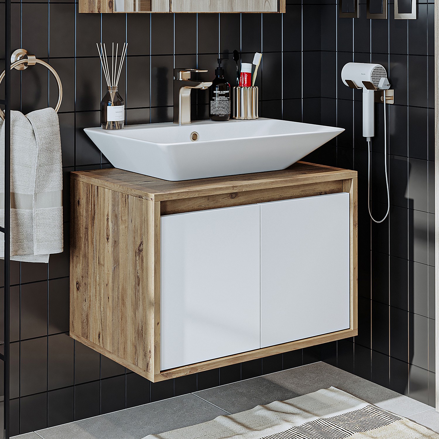 Dulap de baie cu chiuvetă, Hanah Home, 1750, 65x58x45 cm, MDF-LAM, Pin Atlantic / Alb Mat