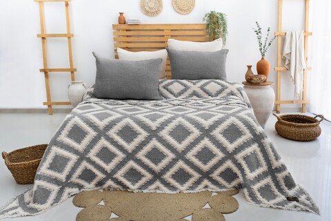 Set cuvertura pique dubla, Sonia - Anthracite, Şaheser, 70% bumbac/30% poliester