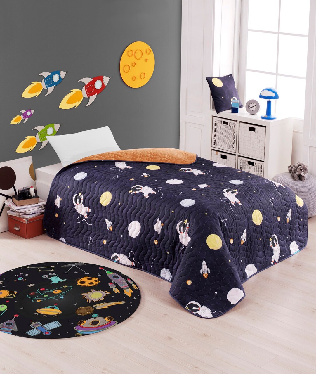 Lenjerie de pat pentru o persoana 2 piese, Astron - Dark Blue, EnLora Home, 65% bumbac/35% poliester