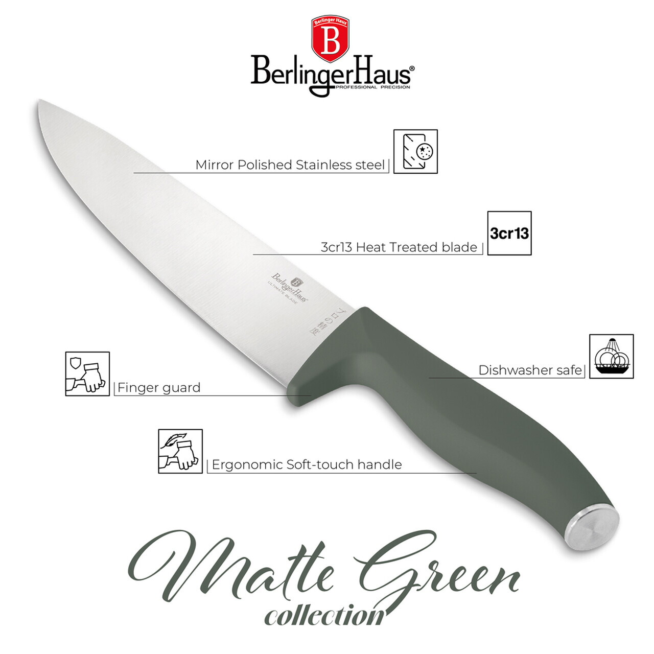 Set 5 cutite cu suport magnetic Berlinger Haus, Matte Green, inox/lemn, verde mat/natur - imagine 13