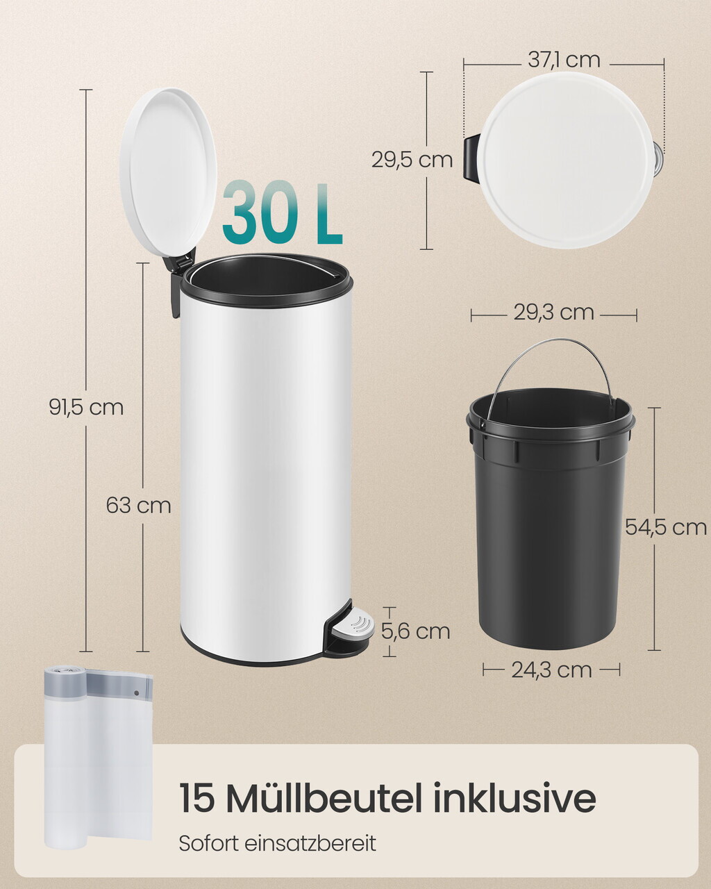 Cos de gunoi cu pedala 30L + 15 saci menajeri, Songmics, capac soft-close, otel, alb - imagine 3