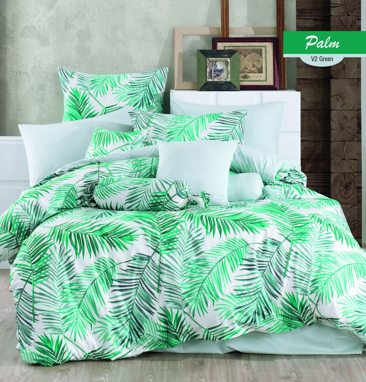 Lenjerie De Pat Pentru O Persoana Palms Green, Majoli Home Collection, 3 Piese, 160x240 Cm, Bumbac Ranforce, Verde