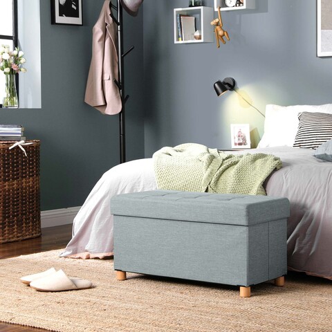 Bancheta cu spatiu depozitare, Songmics, 76x38x40 cm, max 300 kg, in sintetic/MDF/picioare din lemn masiv, gri inchis