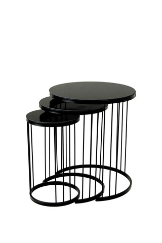 Set masute 3 piese, nmobb , Çubuklu, metal, negru