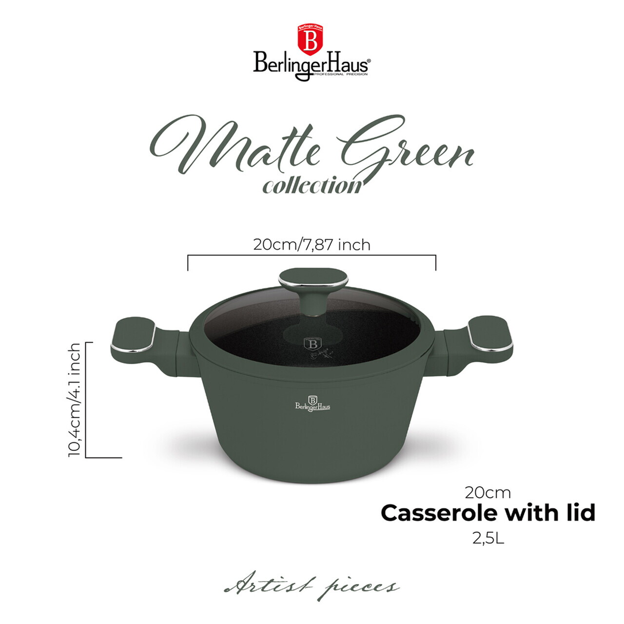 Oala cu capac Berlinger Haus, Matte Green, 20 cm, 2.5 L, aluminiu forjat, verde mat - imagine 13