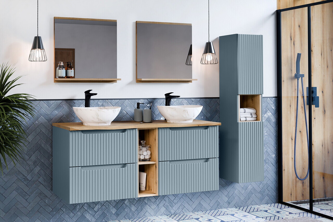 Set mobilier baie Nova Denim Oak 100 cm, dulap inalt si masca lavoar, Comad, MDF/PAL, albastru denim