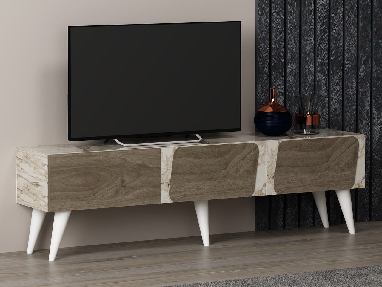 Comoda TV, Odessa, Veas, 150x30x43 cm, PAL, Marmură / Nuc - 1 | YEO