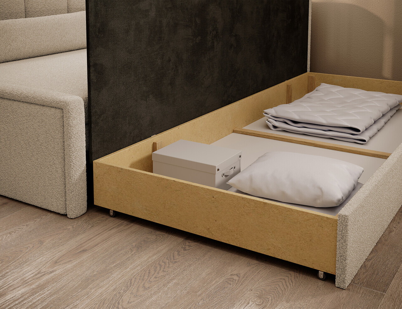 Canapea extensibila brat dreapta 3 locuri ELTAP, Fulgeo, 214x82x77 cm, lemn/catifea din poliester, bej - view 7