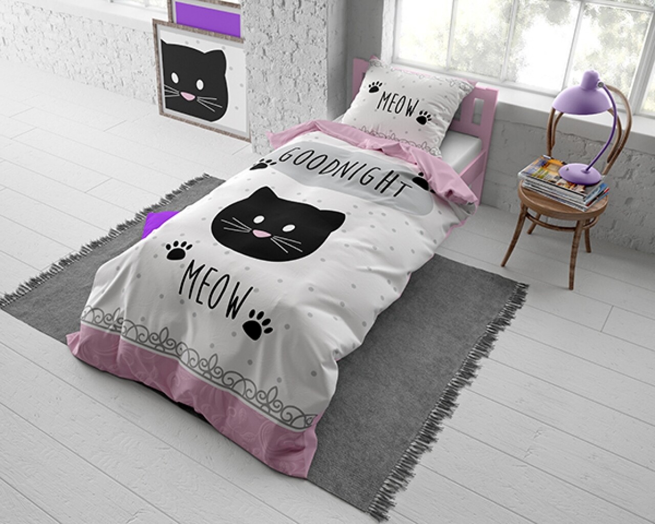 Lenjerie De Pat Pentru O Persoana, Goodnight Kitty Pink, Dreamhouse, 2 Piese, 100% Bumbac, Alb/roz/negru