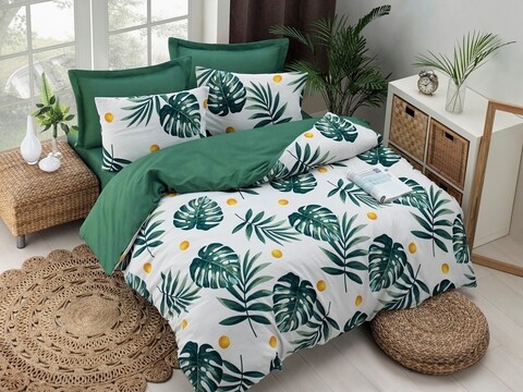 Lenjerie de pat pentru o persoana, 2 piese, 140x200 cm, amestec bumbac, EnLora Home, Monstera, verde