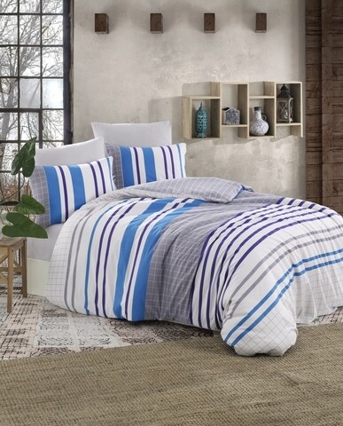 Lenjerie de pat dubla Thebe, Majoli Home Collection, 4 piese, 200x220 cm, 100% bumbac ranforce, albastru/gri
