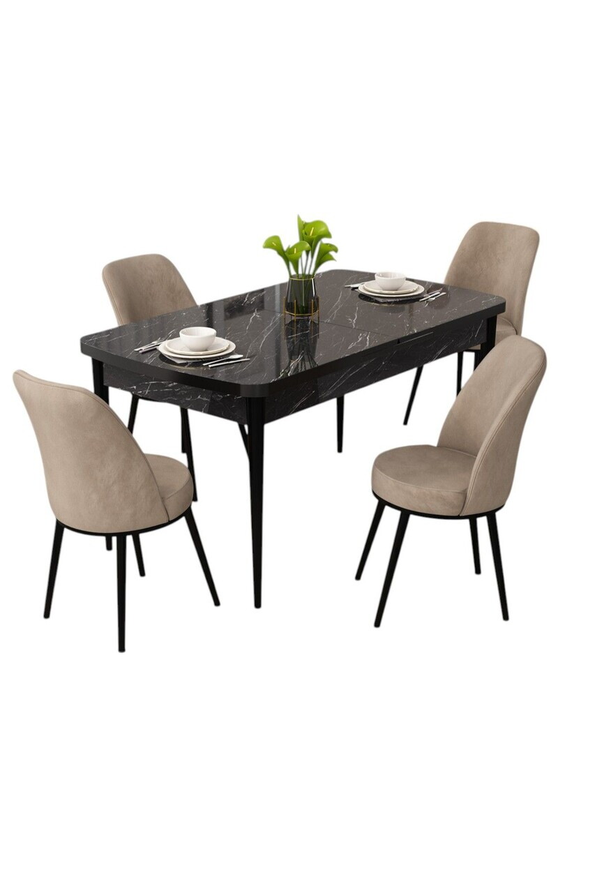 Set masa extensibila si scaune (5 piese), Hanah Home, Rax, Model de marmură neagră / Cappuccino — imaginea 2