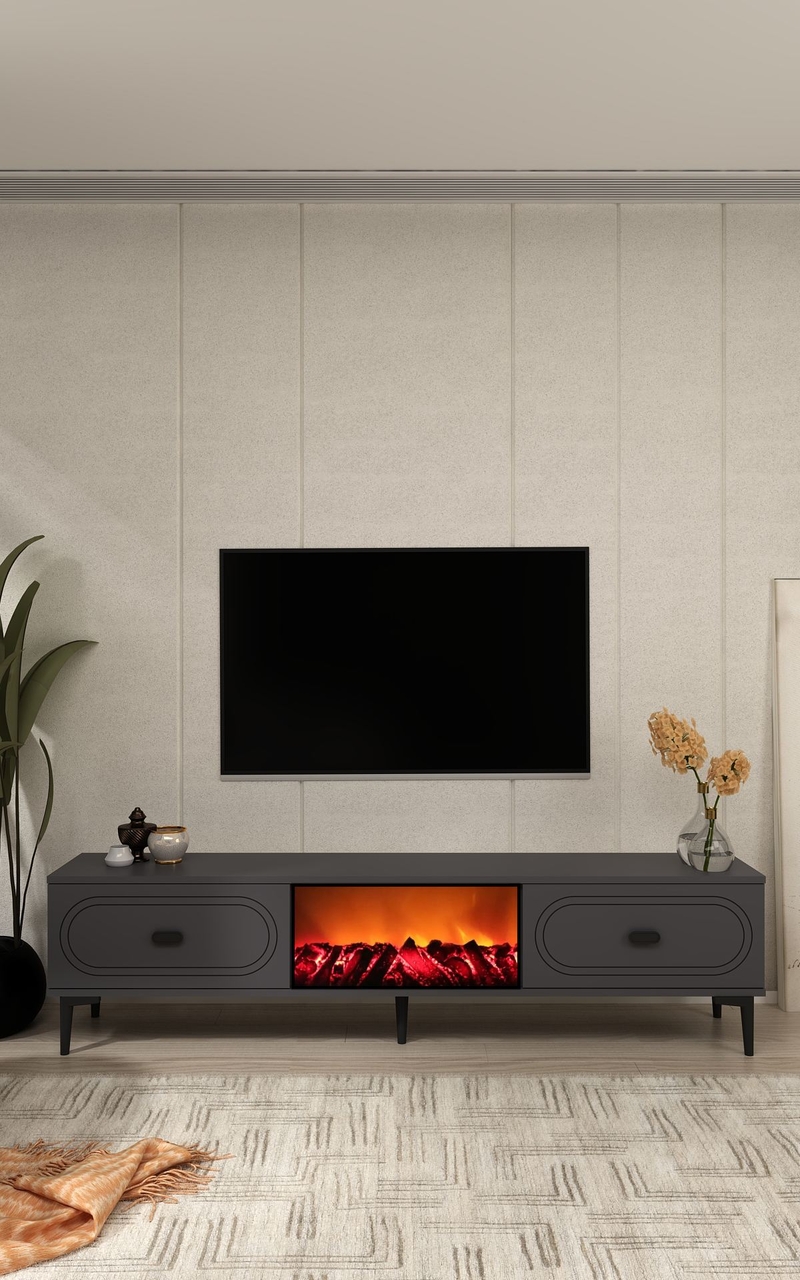 Comoda TV, Hanah Home, Weny Bohem Fireplace, 150x44.6x29.6 cm, PAL , Antracit