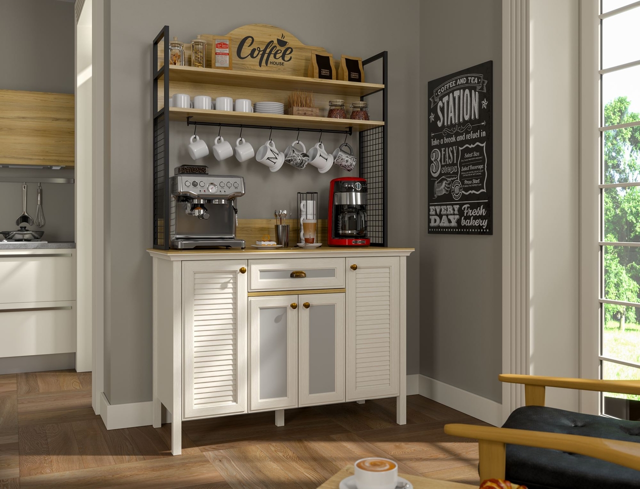 Dulap de bar pentru cafea, Hanah Home, FRN-21027, 125.4x210.3x52.1 cm, PAL, Crem / Stejar / Negru