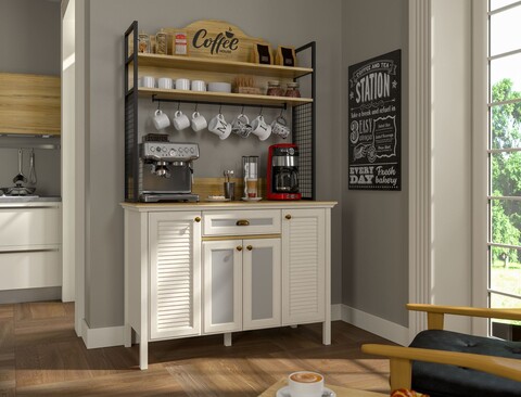 Dulap de bar pentru cafea, Hanah Home, FRN-21027, 125.4x210.3x52.1 cm, PAL, Crem / Stejar / Negru