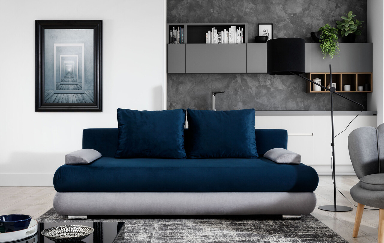 Canapea extensibila 3 locuri ELTAP, Milo, 213x95x90 cm, lemn/poliester, albastru inchis/gri deschis
