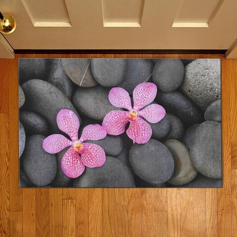 Covoras de intrare flowers on stones, casberg, 38x58 cm, poliester, gri/roz