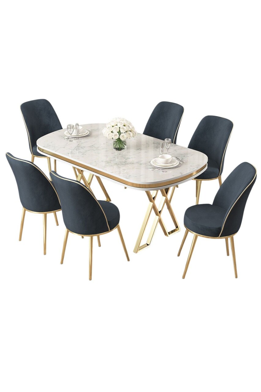 Set masă și scaune (7 piese), Hanah Home, Lai, Alb / Auriu / Antracit - imagine 2