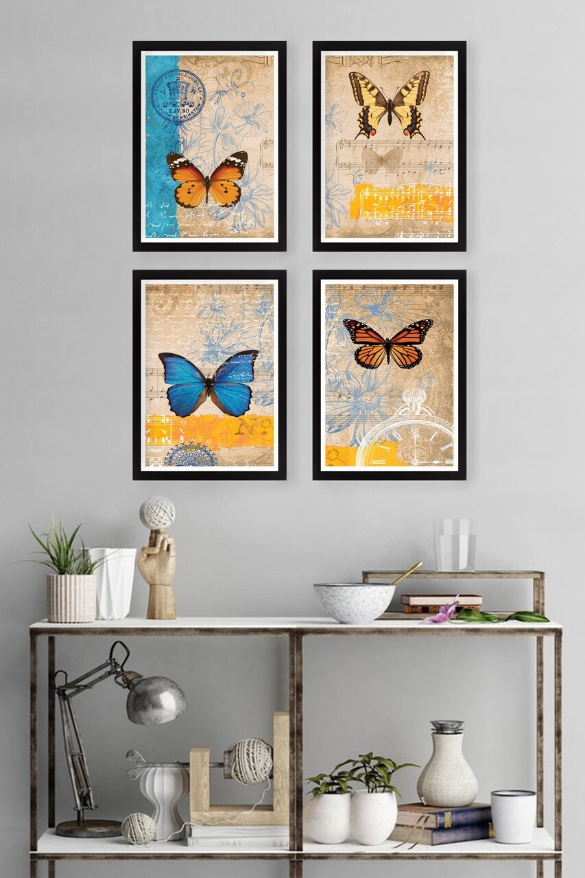 Set 4 Tablouri Decorative Butterfly-104, Tablo Center, 34x44 Cm, MDF, Multicolor