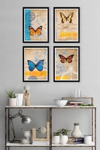 Set 4 tablouri decorative butterfly-104, tablo center, 34x44 cm, mdf, multicolor