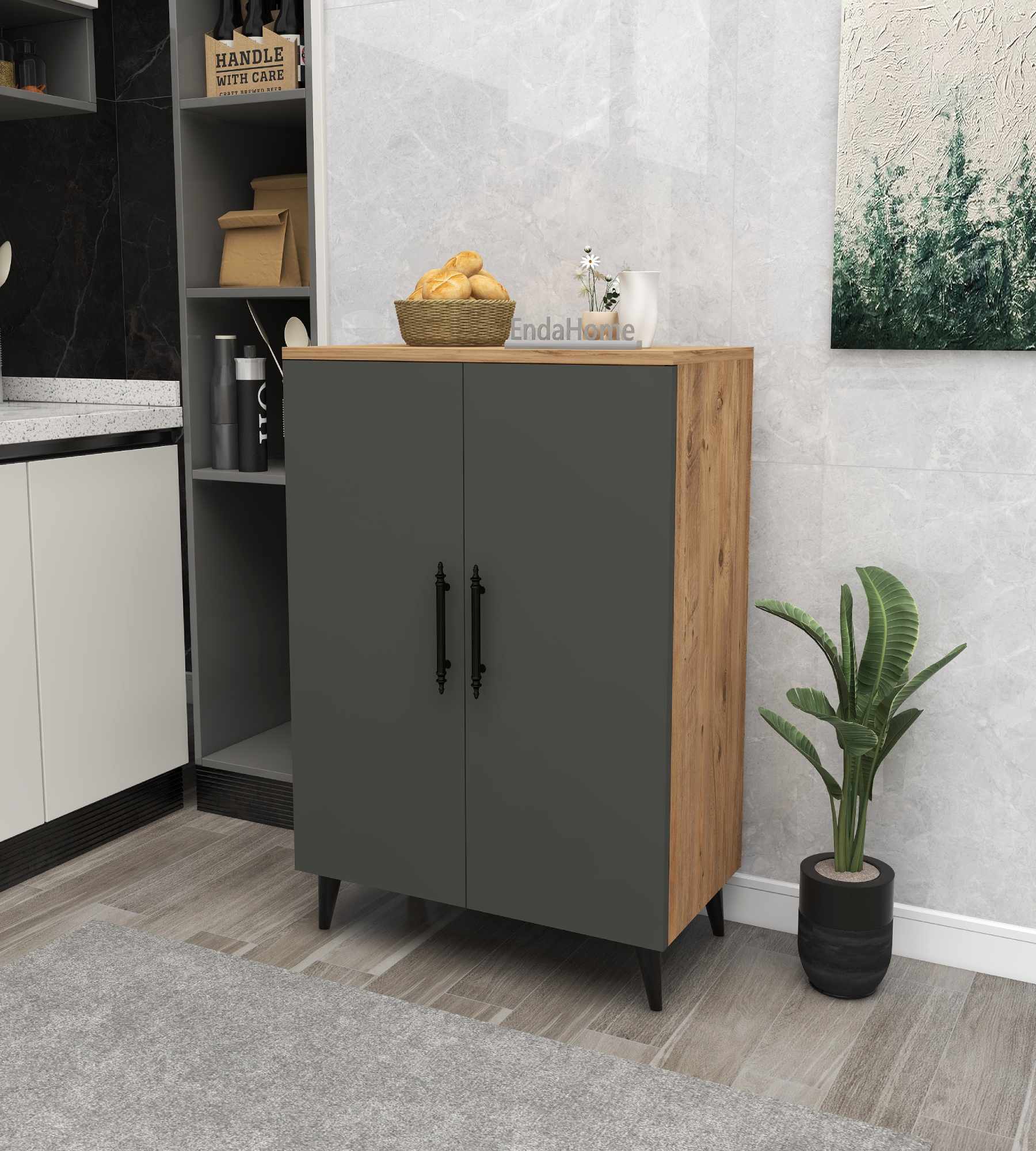 Dulap multifunctional, Hanah Home, 3 Raf 2 Kapak, 65x94.5x32 cm, Antracit / Pin Atlantic