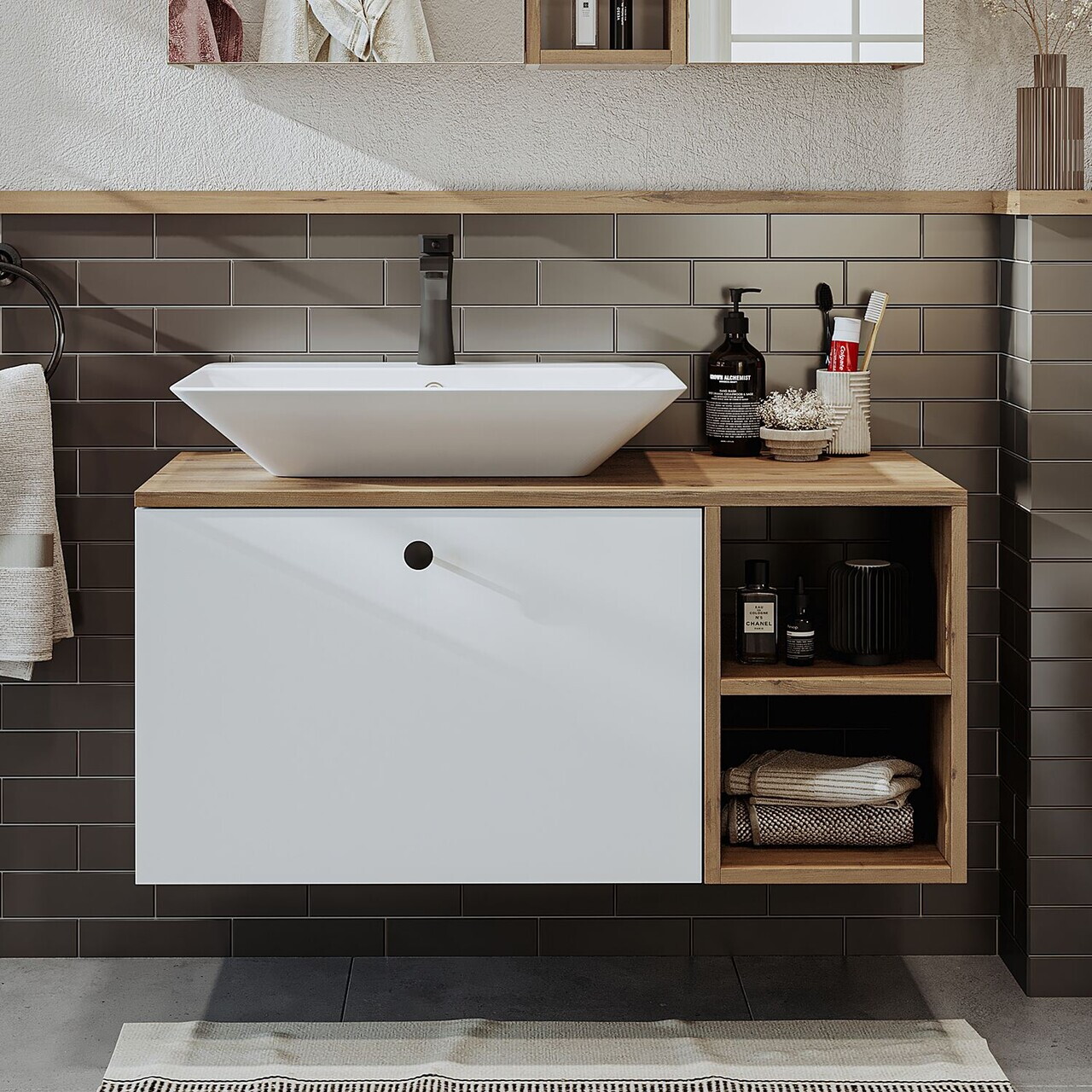 Dulap de baie cu chiuvetă, Hanah Home, 2457, MDF, Pin Atlantic / Alb — imaginea 2