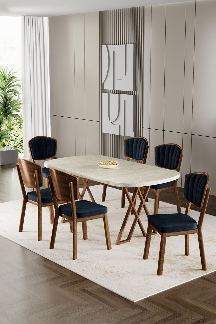 Set masa si scaune (7 piese), Hanah Home, Flori, Travertin / Aspect de lemn / Antracit