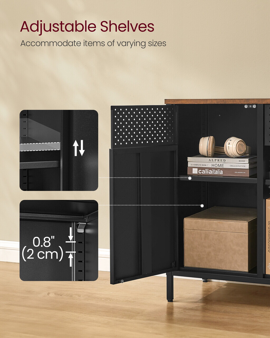 Dulap metalic multifunctional cu 2 usi, Songmics, rafturi reglabile, 110x40x76 cm, otel, maro/negru - imagine 5