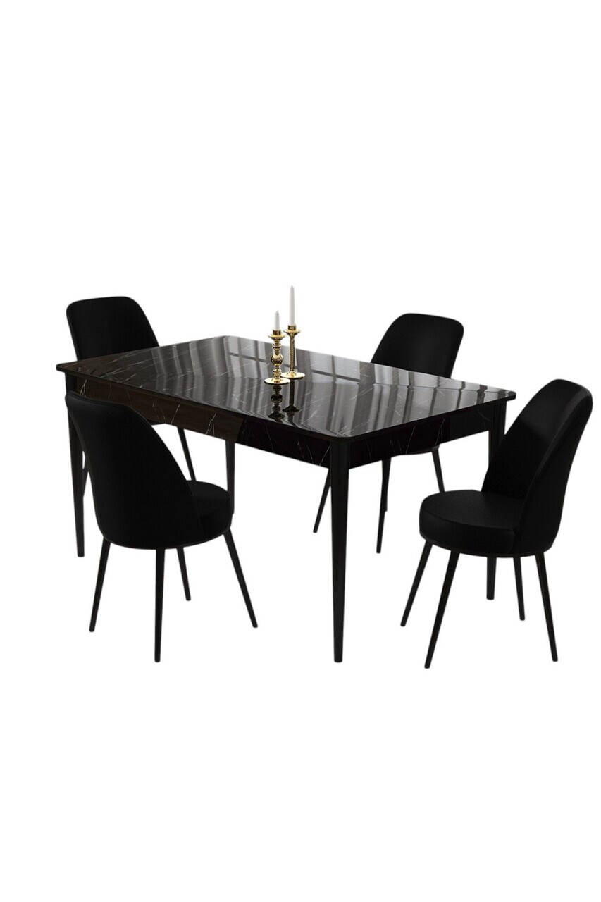 Set masa si scaune (5 piese), Hanah Home, Pir, Model de marmură neagră / Negru — imaginea 2