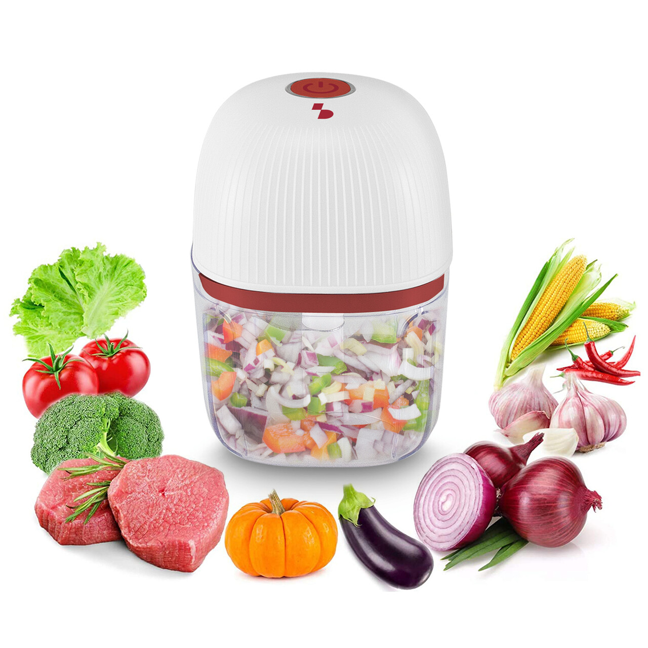 Mini tocator electric Beper, 8.8x12.8 cm, inox/ABS, alb/rosu - view 2