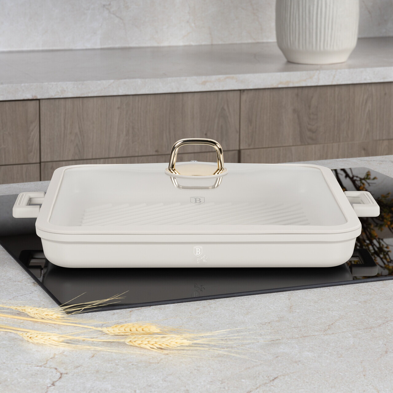 Tava grill cu capac Berlinger Haus, Sahara, 34x34x4.5 cm, aluminiu turnat, crem mat - imagine 2
