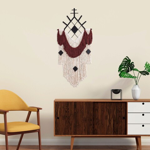 Decoratiune de perete, xmac, macrame, metal, alb / roșu claret / negru