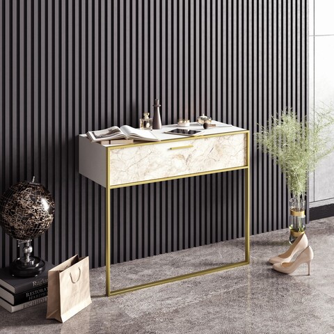 Consola polka, zena home, 90x38.5x76.8 cm, auriu/alb
