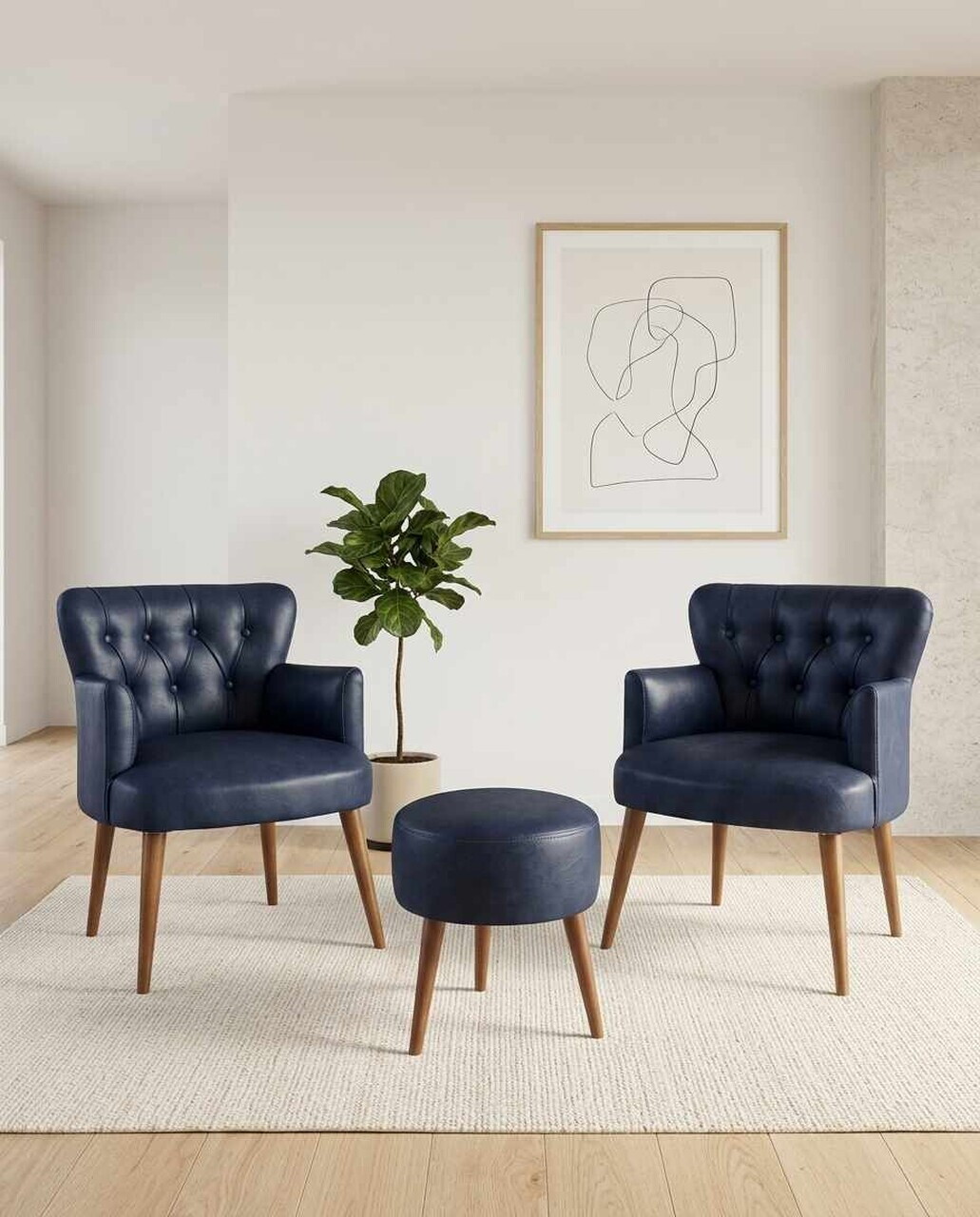 Set fotoliu cu aripioare și puf (3 piese), Atelier del Sofa, 281ELR1194, Albastru inchis