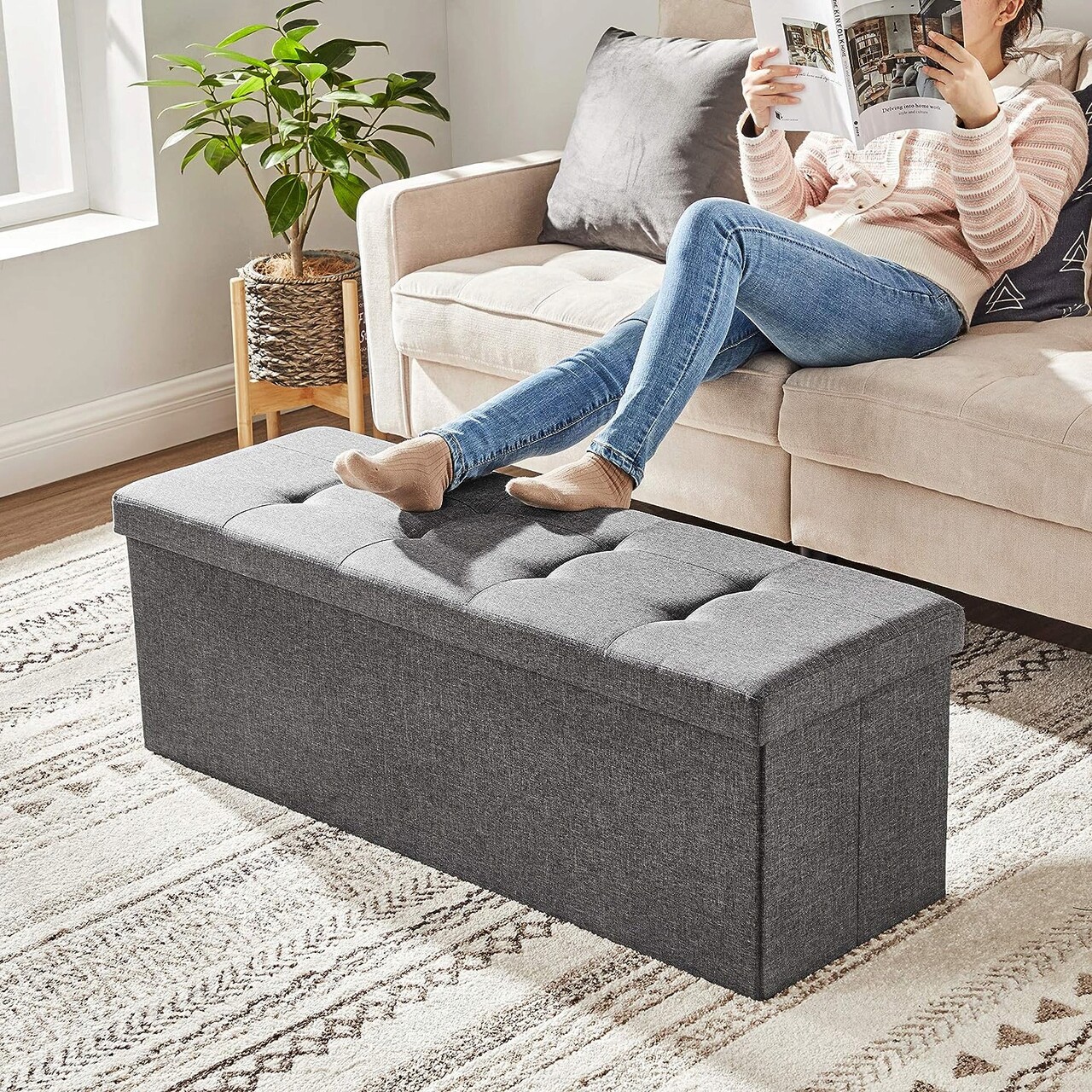 Bancheta cu spatiu pentru depozitare Ottoman Classic, Songmics, 110 x 38 x 38 cm, pliabila, imitatie in/MDF, gri inchis - 1 | YEO
