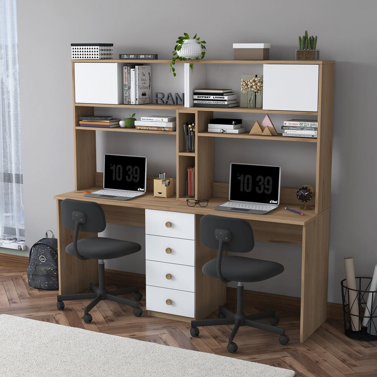 Birou, Hanah Home, HA130, 180x166.3x50 cm, PAL melaminat, Nuc/Alb - view 5