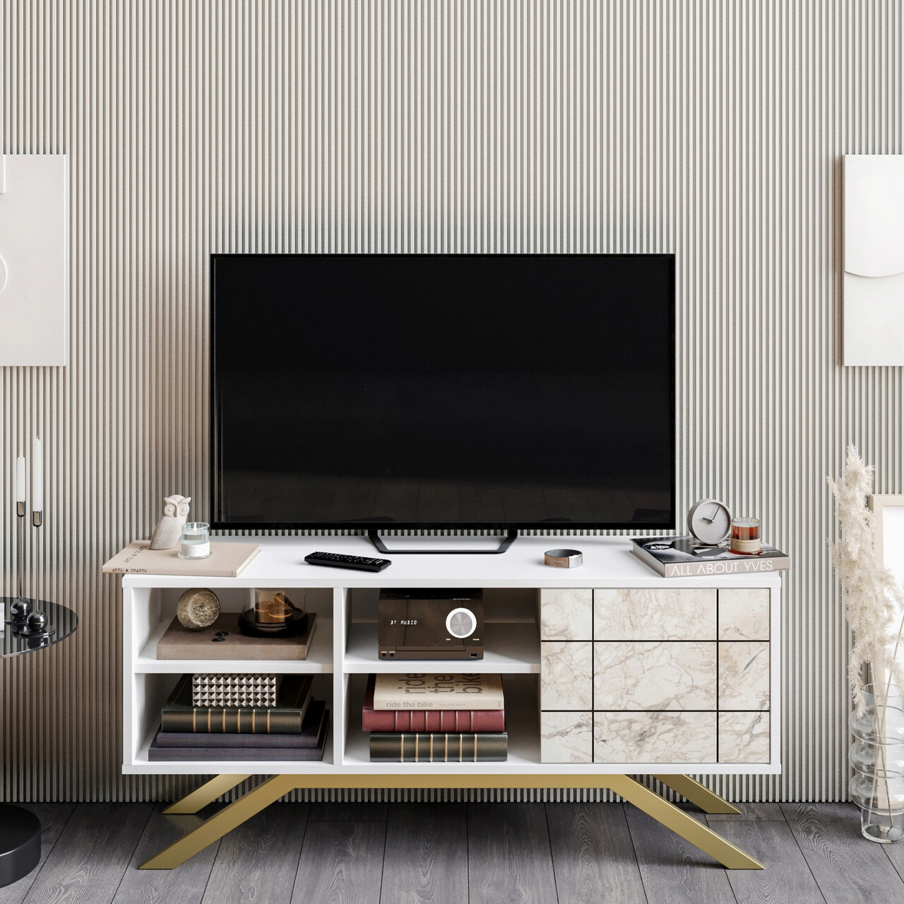 Comoda TV, Decorotika, North, 130x38.6x58.6 cm, Alb/Auriu - 1 | YEO