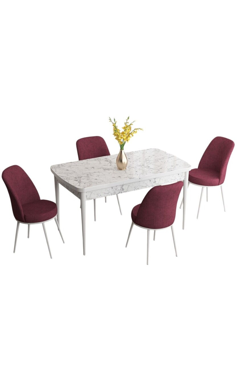 Set masa extensibila si scaune (5 piese), Hanah Home, Han, Model de marmură albă / Burgundiu — imaginea 2