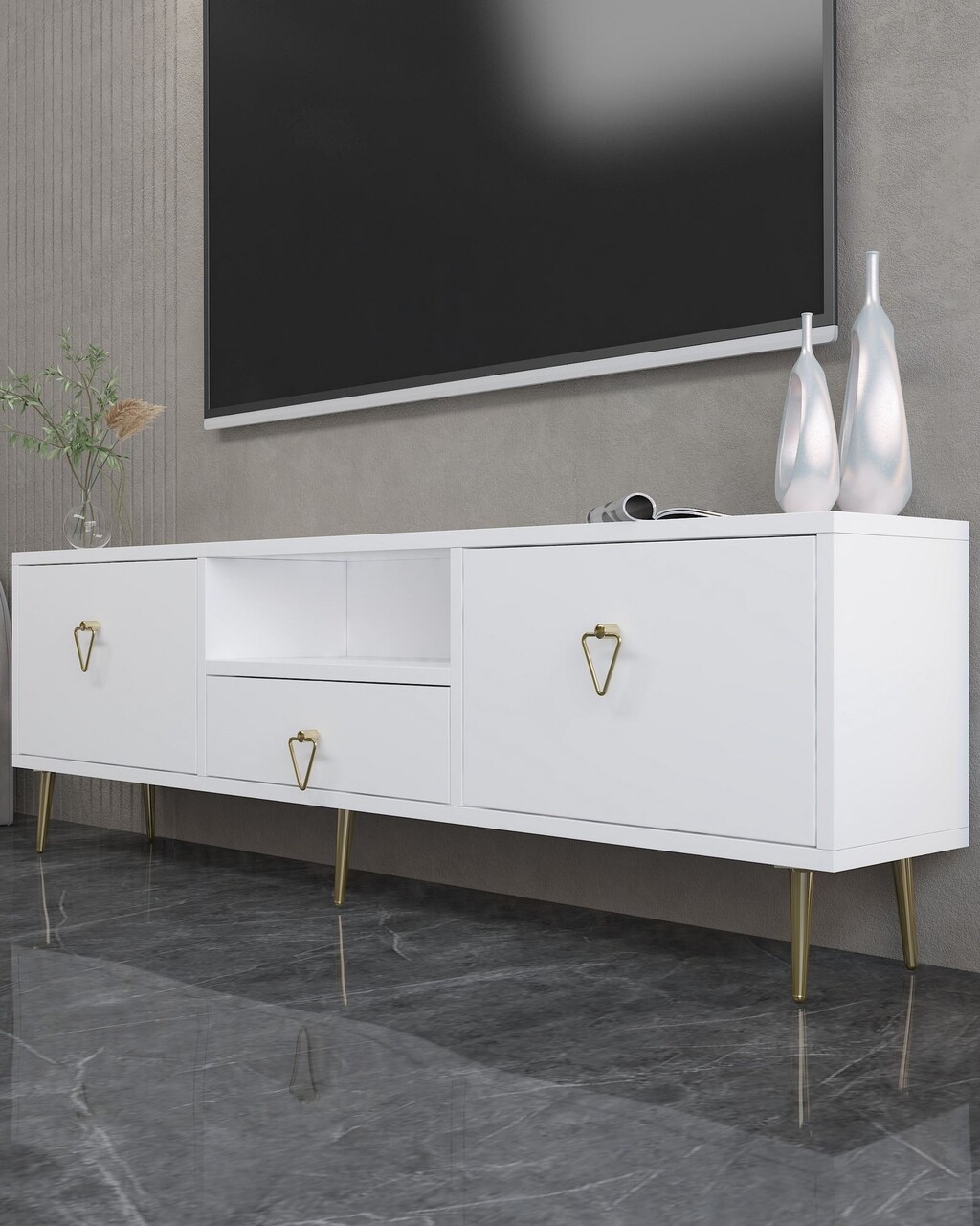 Comoda TV, Hanah Home, 1306-DROP-1, 140x45x30 cm, PAL , Alb/Auriu - view 2