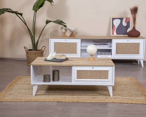 Masuta de cafea, Wolina, Mount, 55x100x45 cm, MDF , Alb / Stejar